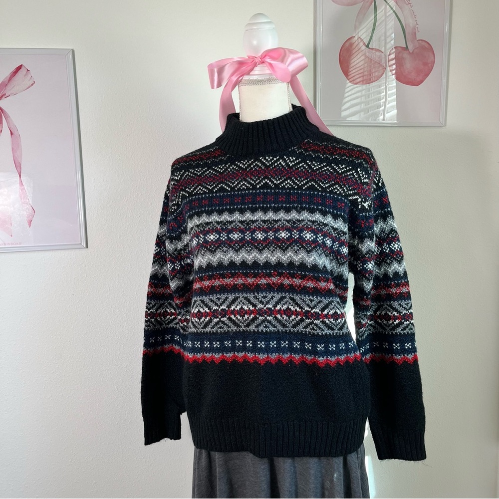 Vintage 90s Fair Isle Black Mock Neck Knit Sweater Acrylic Womens Size Small - Picture 2 of 6
